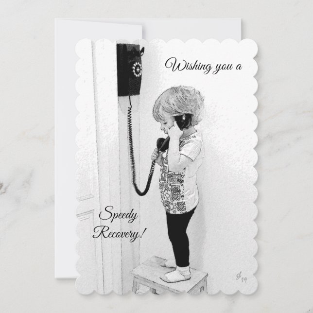 Cartão De Festividades Speedy Recovery,  Child, Old Phone, B&W Art (Frente)