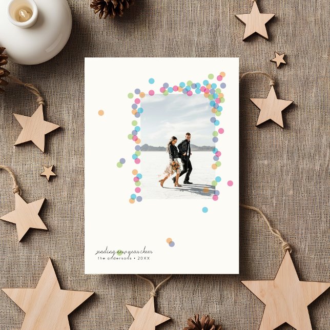 Cartão De Festividades Spilled Confetti- New Year's Flat Photo Card (modern new year's photo card designed by clearlytangled studio.)