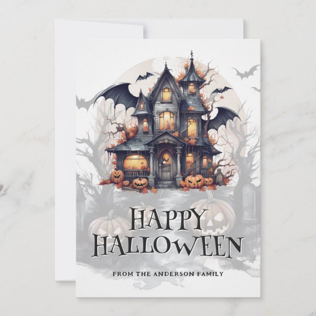 Cartão De Festividades Spooky Hauned House Bats Pumpkins Halloween (Frente)