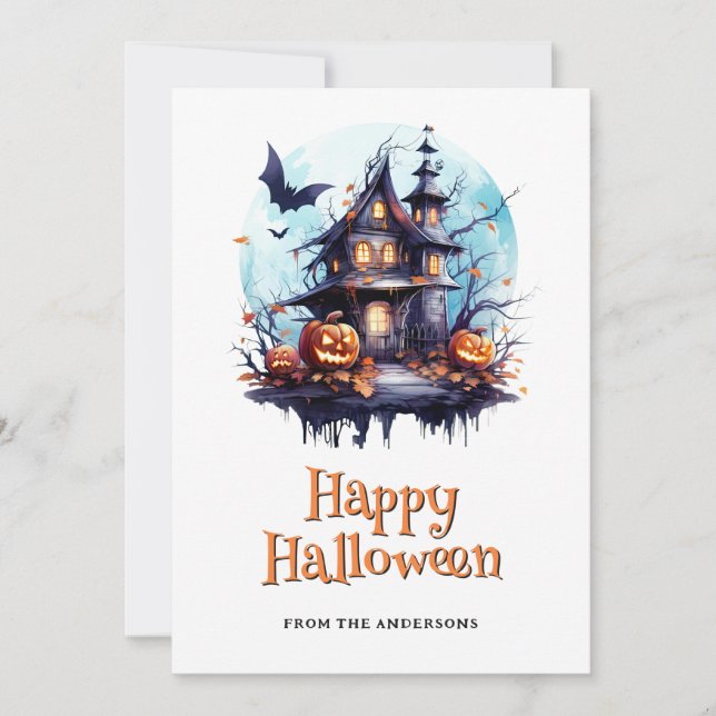 Cartão De Festividades Spooky Jack O’Lanterns Bats Ghost Halloween Card (Frente)