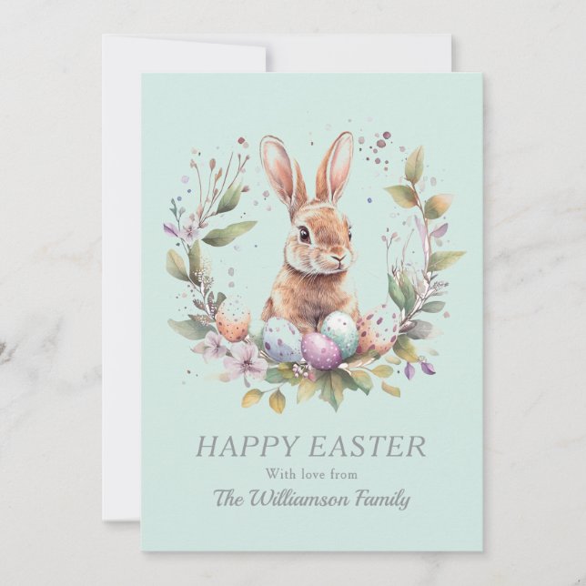 Cartão De Festividades Spring Bunny Easter Eggs Wreath Personalized (Frente)