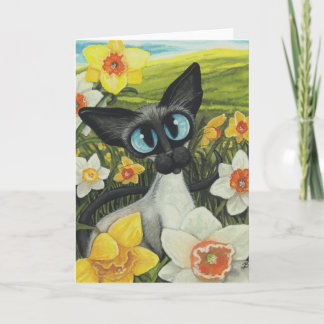 Cartão De Festividades Spring Siamese Cat Easter Daffodils by BiHrLe
