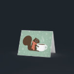 Cartão De Festividades Squirrel Coffee Lover Woodland Winter Holiday Xmas<br><div class="desc">Cute brown squirrel with big fluffy tail wears a long scarf and holds a white mug full of steaming coffee. Teal background with pretty snowflakes falling. Inside text: "comfort and joy." This message can be personalized with your own sentiment. A festive woodland critter Christmas card for everyone on your list,...</div>