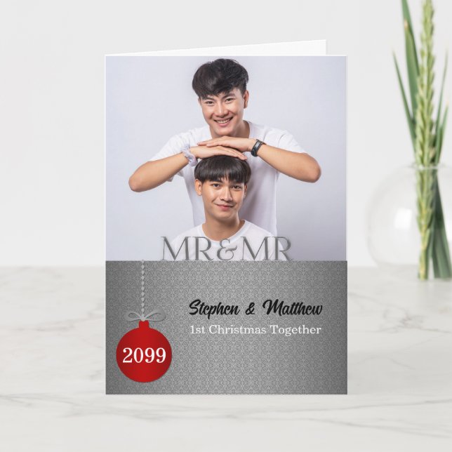 Cartão De Festividades Sr e Sr Foto de Natal Damask Prata 1ª (Frente)