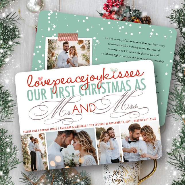 Cartão De Festividades Sr. e Sra. Primeiro Casamento de Colagem de Foto d (Love Peace Joy Kisses Mr And Mrs First Christmas 4 Photo Collage Wedding Holiday Card @ fat_fa_tin)