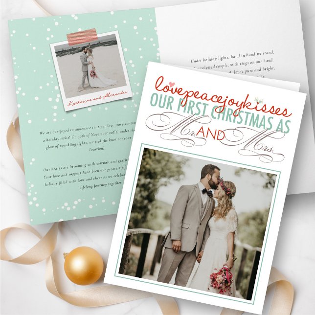 Cartão De Festividades Sr & Sra Primeiro Natal Azevinho Foto Casamento (Love Peace Joy Kisses Our First Christmas As Mr & Mrs Photo Wedding Holiday Card @ fat_fa_tin)