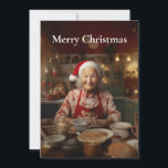 Cartão De Festividades Sra. Papais noeis Baking Cake<br><div class="desc">Retrato de uma sorridente Sra. Papai Noel assando um bolo em sua cozinha no Polo Norte. Na cozinha confortável, quente e brilhante, Sra. Papai Noel, uma vista alegre, com avental amarrado e farinha no ar, ela assar um bolo com amor e cuidado. Os olhos dela, como as estrelas cintilantes acima,...</div>