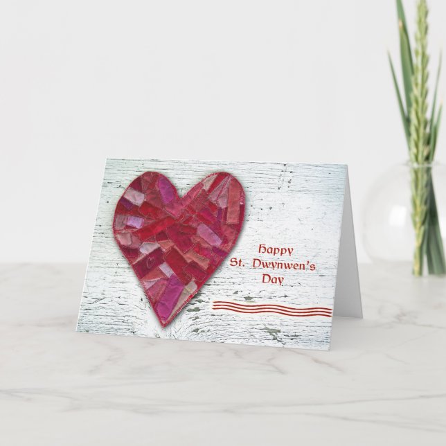 Cartão De Festividades St. Dwynwen's Day, Patchwork Heart on Wood (Frente)