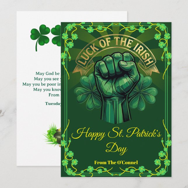 Cartão De Festividades St. Patrick’s Day Luck of the Irish Fist Shamrock (Frente/Verso)
