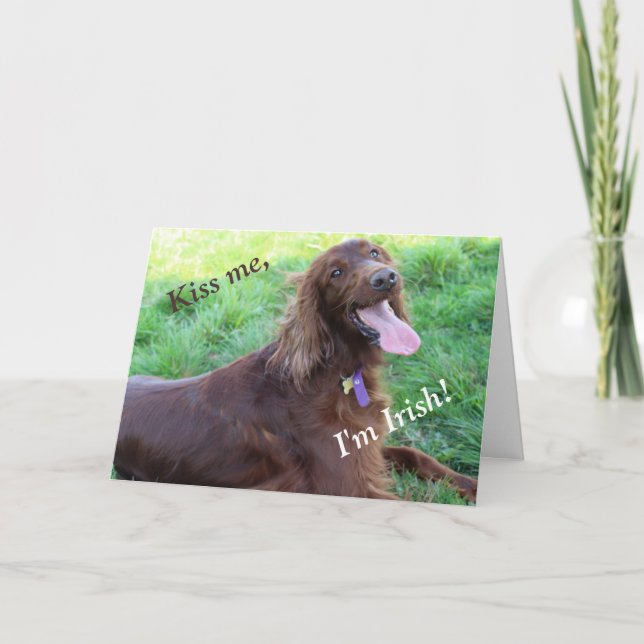 Cartão De Festividades St. Patrick's Day Card featuring an Irish Setter (Frente)