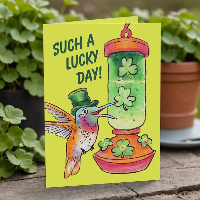Cartão De Festividades St Patrick's Day Lucky Green Hummingbird Feeder (Whimsical hummingbird St. Patrick’s Day card with shamrocks & custom message 🍀)
