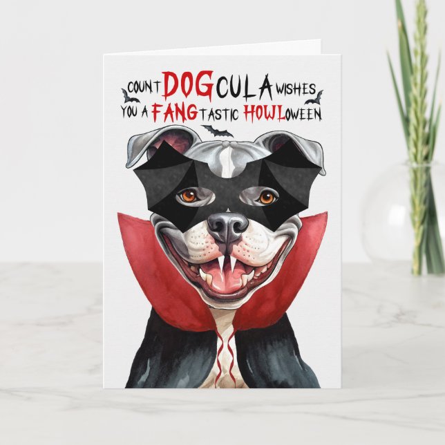 Cartão De Festividades Staffordshire Dog Funny Count DOGula Halloween (Frente)