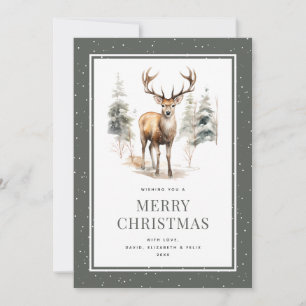Cartão De Festividades Stag Deer Snowy Watercolor Verde Feliz Natal