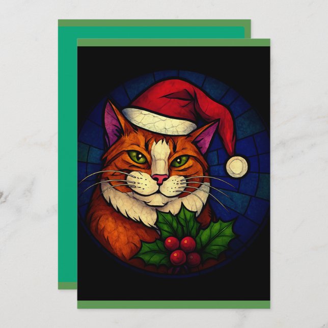 Cartão De Festividades Stained-Glass Christmas Orange Tabby Cat (Frente/Verso)