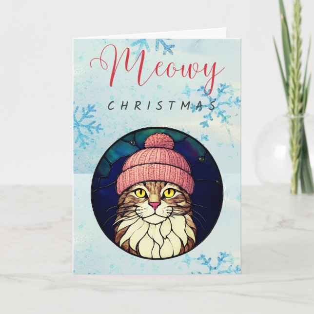 Cartão De Festividades Stained-Glass Christmas Tabby Cat In Pink Cap (Frente)