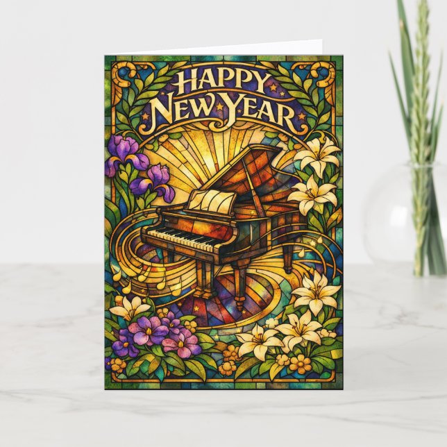 Cartão De Festividades Stained Glass Piano Floral New Year (Frente)