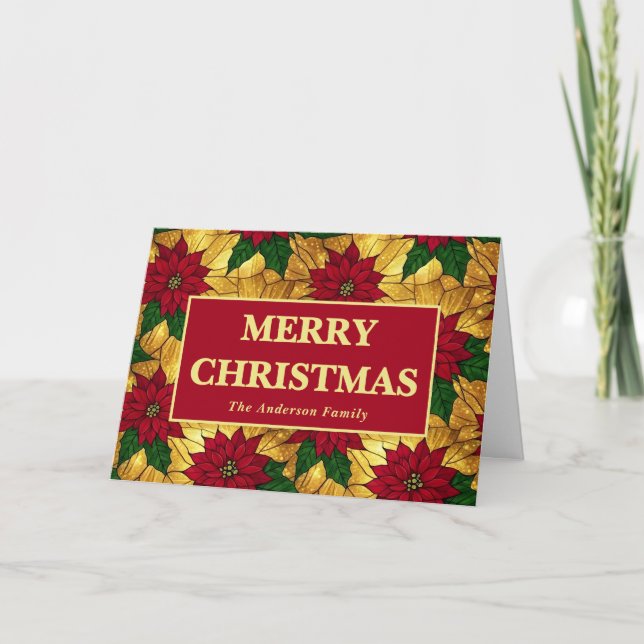 Cartão De Festividades Stained Glass Poinsettia Merry Christmas (Frente)
