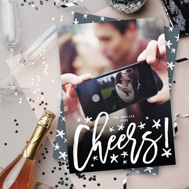 Cartão De Festividades Starry Cheers Brush Script Modern New Year Foto (Criador carregado)