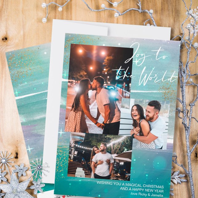 Cartão De Festividades Starry Night Joy to the World 3 Photo Green (Criador carregado)