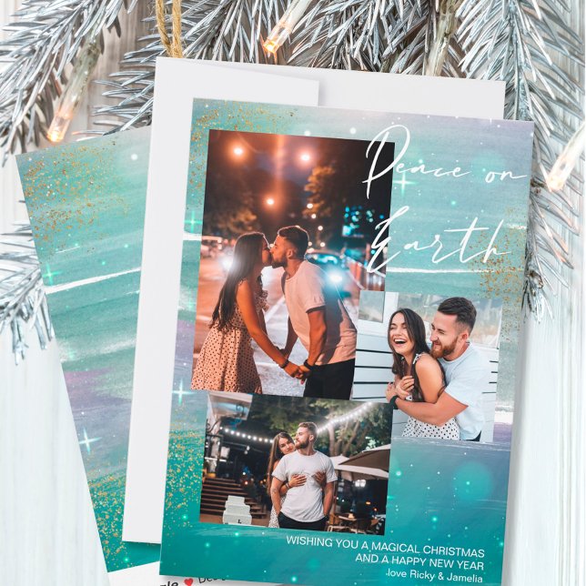 Cartão De Festividades Starry Night Peace on Earth 3 Photo Collage Green (Criador carregado)