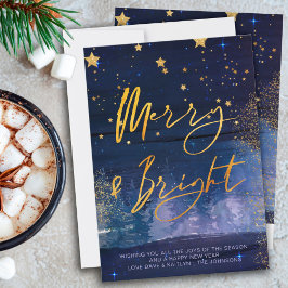 Cartão De Festividades Starry Winter Night Feliz e Bright Blue e Dourado