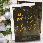 Cartão De Festividades Starry Winter Night Feliz e Bright Dourado Script<br><div class="desc">Feliz noturna de inverno estrelado e cartão de Natal brilhante com caligrafia elegante com script de ouro. Este chic e a design moderna combinam pincéis de aquarela, estrelas de ouro, brilho de estrelas, poeira de ouro e uma floresta nebulosa. Ele é escrito manualmente com Feliz e Brilho e o modelo...</div>