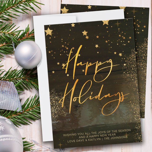 Cartão De Festividades Starry Winter Night Happy Holidays Dourado Script (Criador carregado)