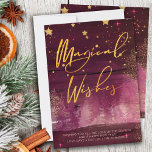 Cartão De Festividades Starry Winter Night Magical Deseja Ruby e Dourado<br><div class="desc">Inverno estrelado Noite de mágica Desejo, carta de natal com elegante escrita em ouro. Este chic e a design moderna combinam traços de pincel de água rubi, estrelas de ouro, brilho de luz estelar, poeira de ouro e uma floresta nebulosa. Ela é escrita à mão com Desejos Mágicos e a...</div>