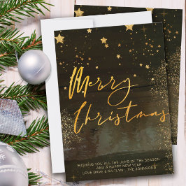 Cartão De Festividades Starry Winter Night Merry Christmas Script Dourado