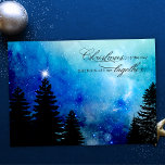 Cartão De Festividades Starry Winter Night w/Stars, Pine & Christmas Text<br><div class="desc">Beautiful elegant pine trees in silhouette against a background of deep blue starry night winter sky with single glowing star and Christmas quote with both custom text graphics and editable text fields. Back features complementary woods in silhouette and editable text fields.</div>