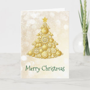 Cartão De Festividades Steampunk alinha a árvore de Natal Dourado