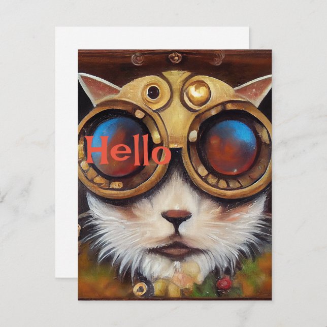Cartão De Festividades Steampunk Cat Notecard para dizer "Olá" (Frente/Verso)