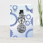 Cartão De Festividades Steampunk Snowman Gearry Christmas Card<br><div class="desc">We wish you a "Gearry Christmas"! Steampunk Snowman Gearry Christmas Card features a unique snowman made from clock works and gears. This fine fellow has a fine top hat, pipe and buttons made from gears. His arms are clock hands. Their are gear snowflakes falling from the sky and a gear...</div>