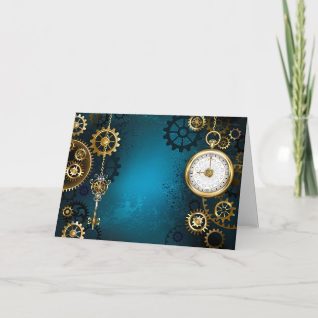 Cartão De Festividades Steampunk turquoise Background with Gears (Frente)