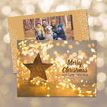 Cartão De Festividades Strand of Christmas Lights Photo<br><div class="desc">Linda fita de luzes da árvore de Natal e uma estrela grande,  sua saudação personalizada na frente e sua foto e nomes nas costas. Selecione Matte para o papel mais pesado e alta definição para melhor qualidade de impressão.</div>