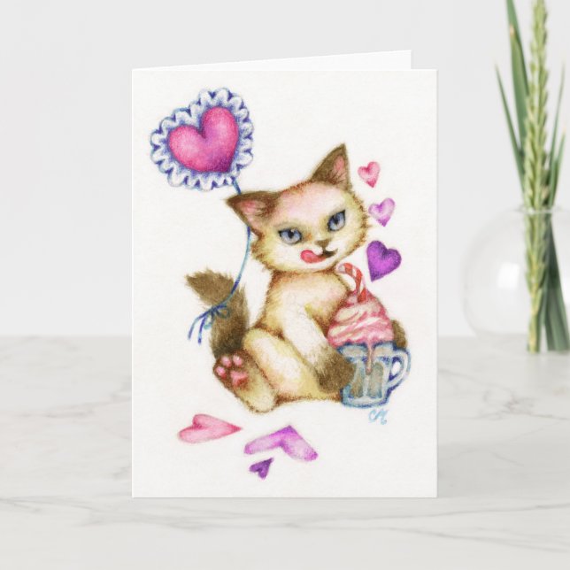 Cartão De Festividades Strawberry Float - Siamese Valentine Cat Art Card (Frente)
