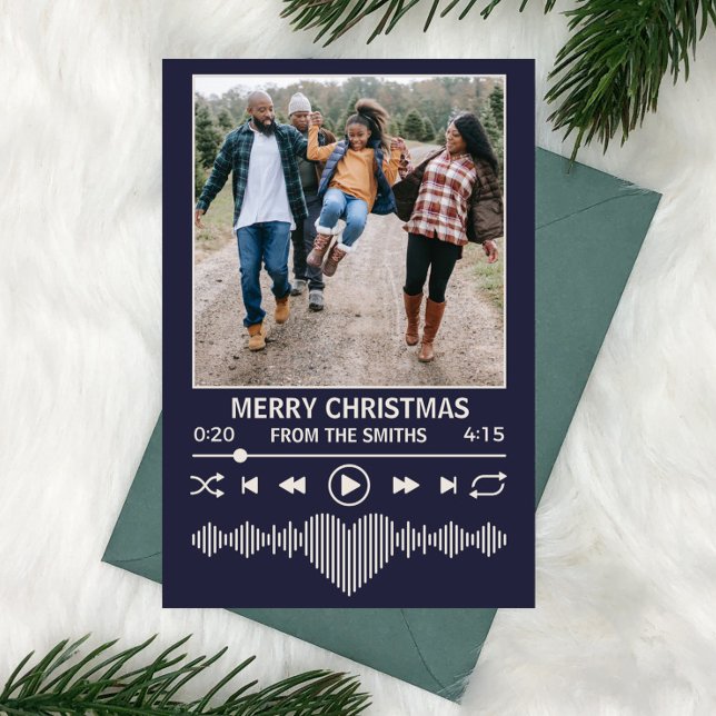 Cartão De Festividades Streaming Music Player Photo Christmas Blue (Plum purple christmas card with music streaming theme and space for family photo)