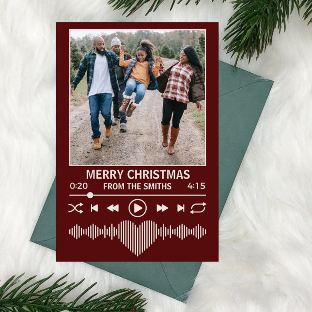 Cartão De Festividades Streaming Music Red Player Foto Natal (streaming music themed holiday christmas card red with place for family photo as the album art)