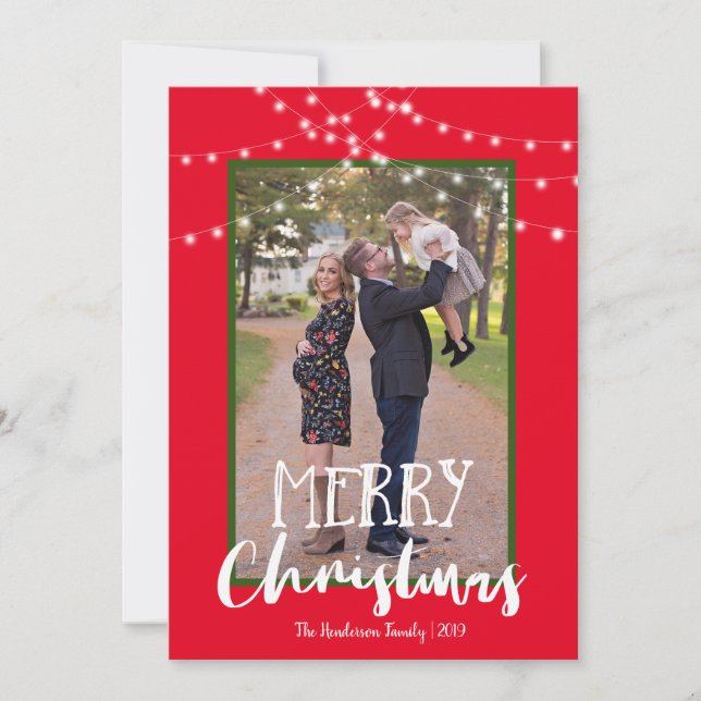 Cartão De Festividades String Luz Vermelha e Verde Foto Feliz Natal (Frente)