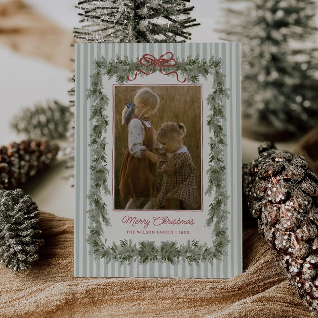 Cartão De Festividades Stripe and Bow Christmas Photo Card Sage (Criador carregado)