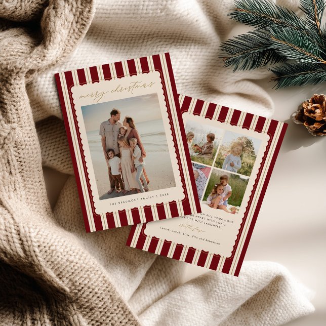 Cartão De Festividades Striped and Scalloped Christmas Card with Photo (Criador carregado)