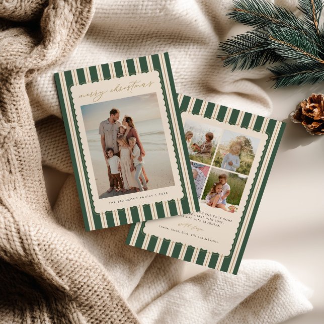 Cartão De Festividades Striped and Scalloped Christmas Card with Photo (Criador carregado)