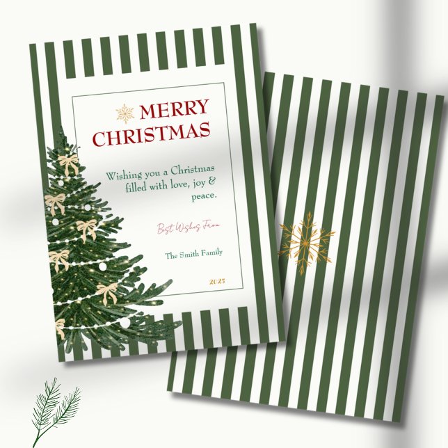 Cartão De Festividades Striped Christmas Holiday Card with Pine Tree (christmas card, green stripe christmas card, christmas tree card, tree with bows, festive holiday ca)