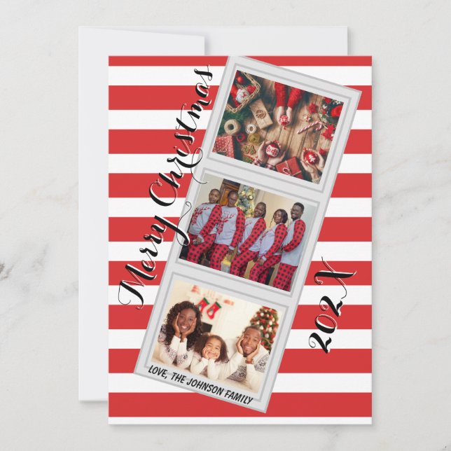 Cartão De Festividades Striped Christmas Photo Card with Three Pictures (Frente)
