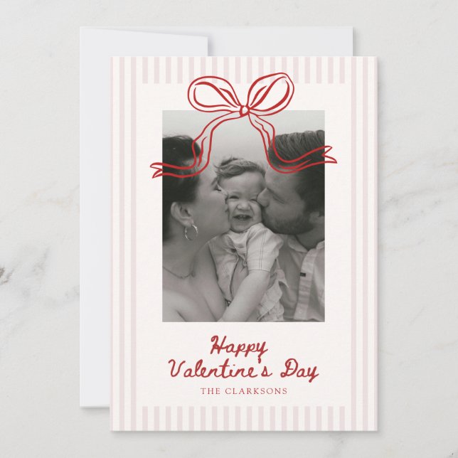 Cartão De Festividades Striped Red Bow Valentine’s Day Photo Card (Frente)