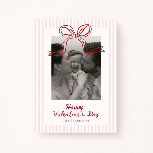 Cartão De Festividades Striped Red Bow Valentine’s Day Photo Card (Criador carregado)