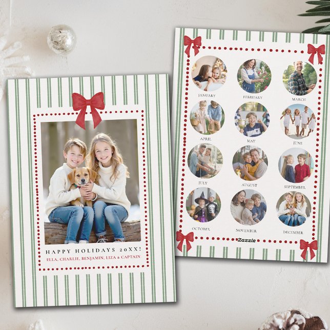 Cartão De Festividades Stripes Bow Green Red Christmas Year Review Photos (family christmas card year in review template photos green stripes red bow watercolor trendy chic)