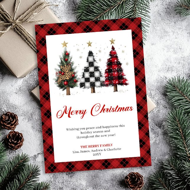 Cartão De Festividades Stylish Buffalo Plaid Christmas Tree Editable Card (Stylish Buffalo Plaid Christmas Tree Editable Card)
