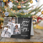 Cartão De Festividades Stylish Chalkboard 3 Photo Collage<br><div class="desc">Celebrate the season with this modern and stylish holiday greeting card. The card features script typography playful "peace love and joy" overlaying a chalkboard with your favorite photo collage. Inside of the card can be customized or delete the text for a handwritten message.</div>