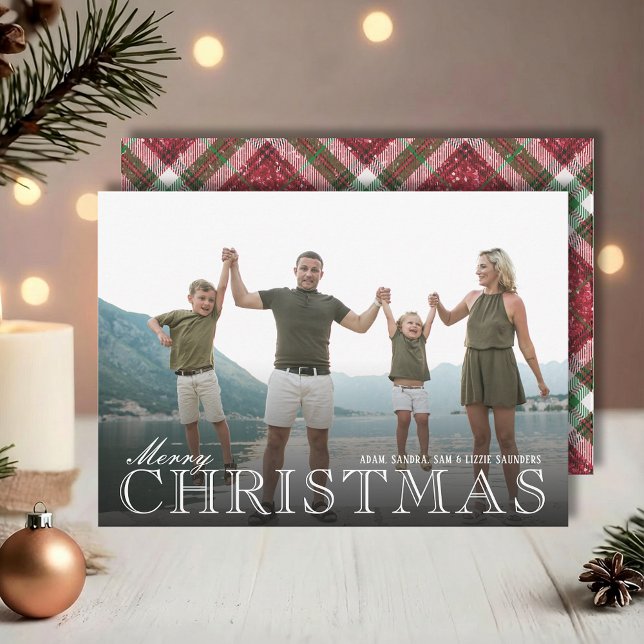Cartão De Festividades Stylish Christmas Plaid Photo (White Merry Christmas overlay photo cards with plaid back, PRINTED and/or INSTANT DOWNLOAD)